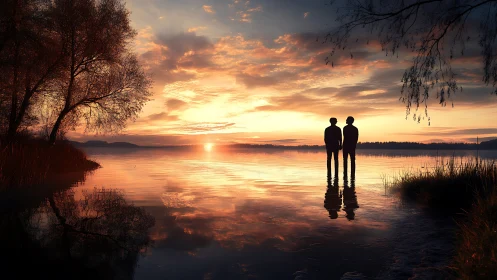 Digital painting of silhouetted figures at reflective sunset shoreline.
