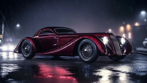 Sleek vintage coupe glows on a rainy neon city street at night