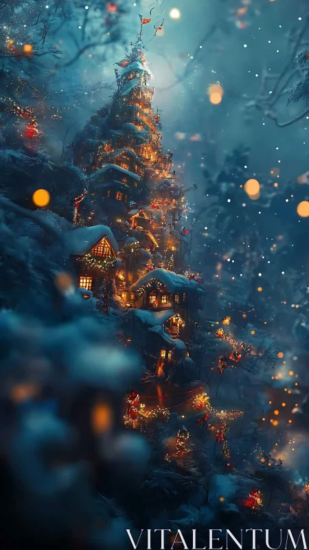 Tiered winter hillside village with dense festive lighting.