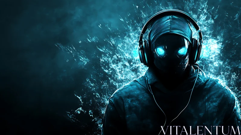 Glowing cyber listener lost in pulsing blue electric soundscape.