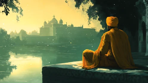 Figure in ochre robes observing riverside palace at dusk.