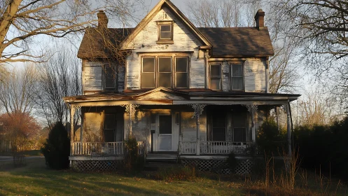 Weathered two story farmhouse with peeling white paint.