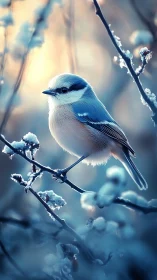 Frost-Kissed Songbird Perches Among Crystalline Winter Branches.