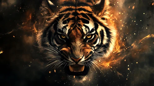 Roaring tiger portrait merges fiery particle effects and shadow
