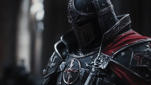 Black armored knight with red cloak in dim hall.