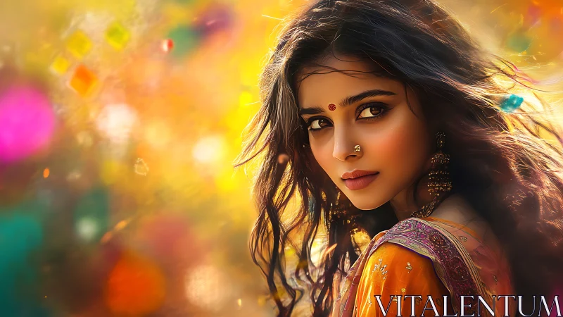 Digital painting portrait with festive bokeh immersion.