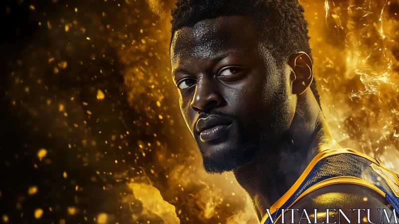 Basketball player close-up against abstract golden background.