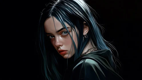 Chromatic low-key portrait with hyperreal rim-lit strands.