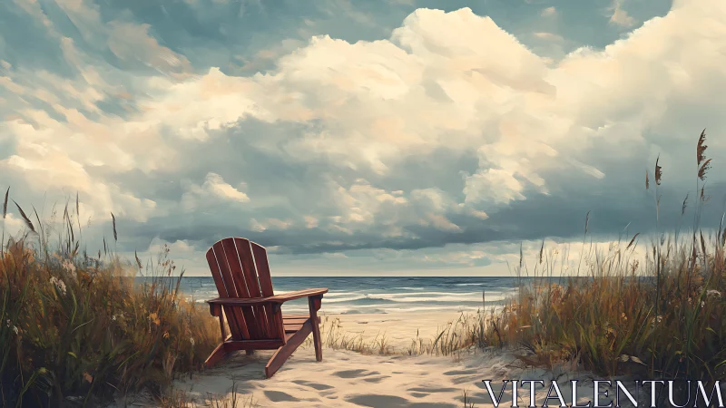 Solitary red Adirondack chair on dune path facing ocean horizon