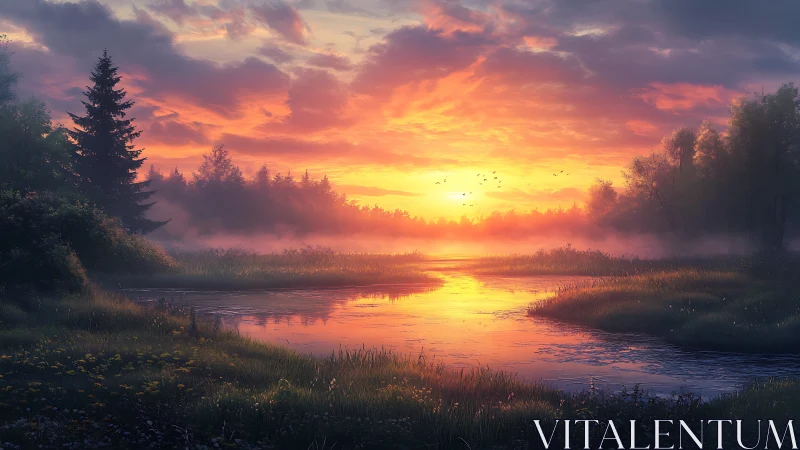 Sunset river bends through misty forest wetland scene.