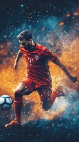 Dynamic football striker in fiery blue-orange motion field.