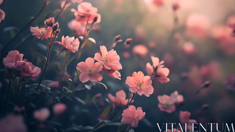 Pink blossoms are shown in shallow-focus floral composition