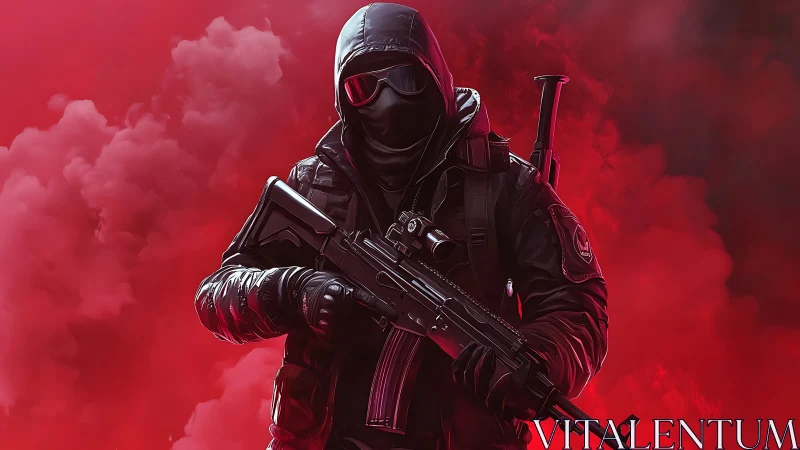 Mysterious tactical figure framed by bold red smoke clouds.