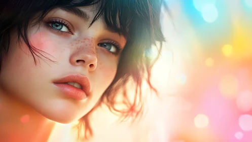 Freckled daydreamer drifting through neon pastel haze.