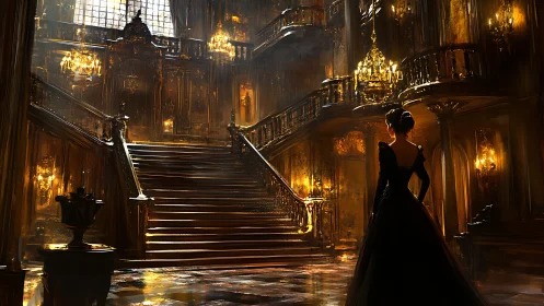 Baroque grand staircase interior with silhouetted woman in black gown