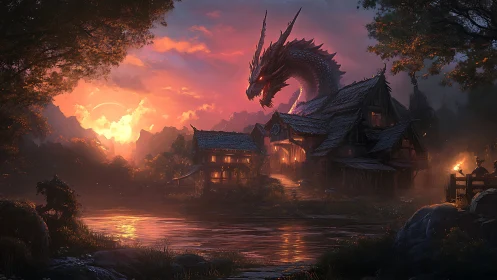 Twilight dragon coils above riverside village of embers.