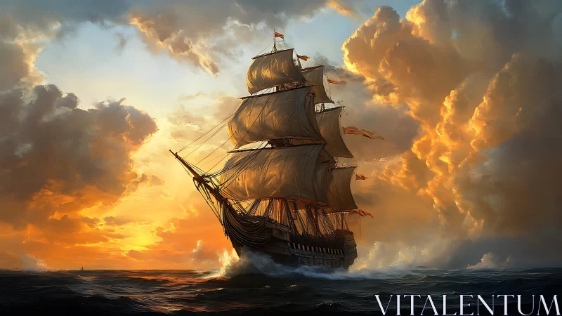 Tall ship cuts stormlit sea under blazing golden sky.