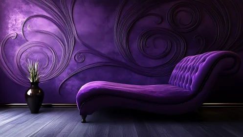 Purple chaise lounge in sculpted baroque wall environment.