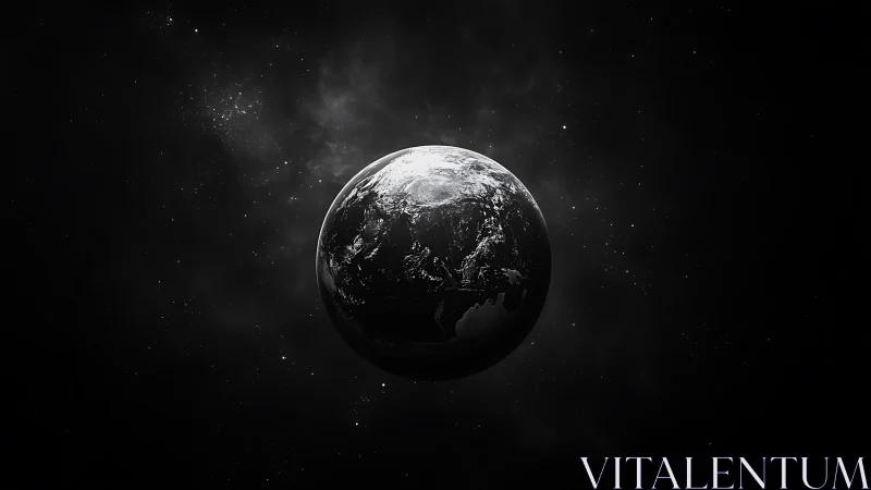 Monochrome Earth sphere glows in deep cosmic void.