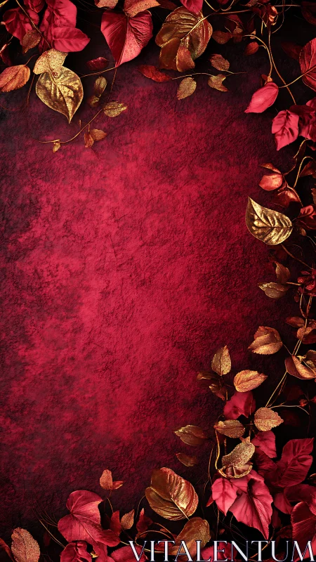Textured crimson backdrop with gilded botanical border design.