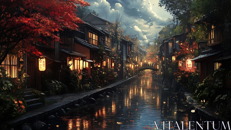 Evening canal between traditional wooden houses in autumn.