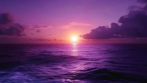 Violet sunset over calm open ocean horizon at dusk.