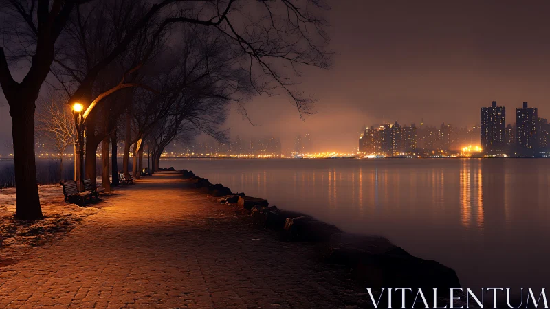 Lantern-lit riverside promenade dreaming toward misty towers.