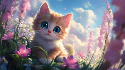 Adorable Kitten Among Pink Blossoms in a Dreamy Sky.