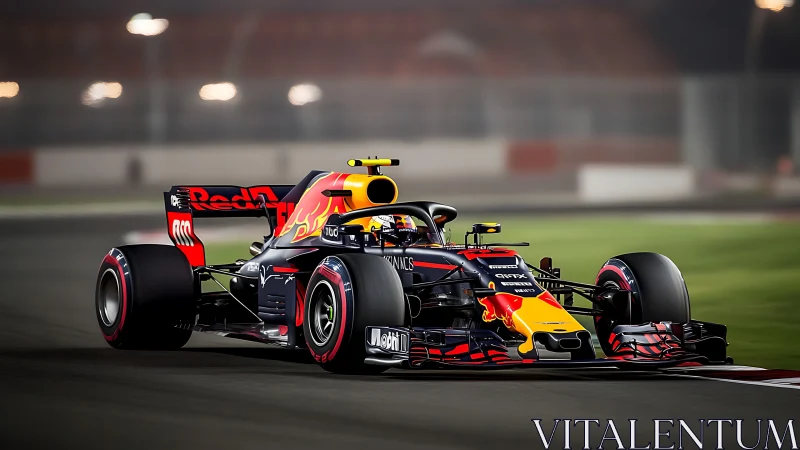 Red Bull Formula 1 car racing under night circuit lights.