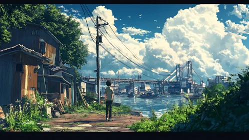 Teen overlooks riverside industrial bridge in summer light.