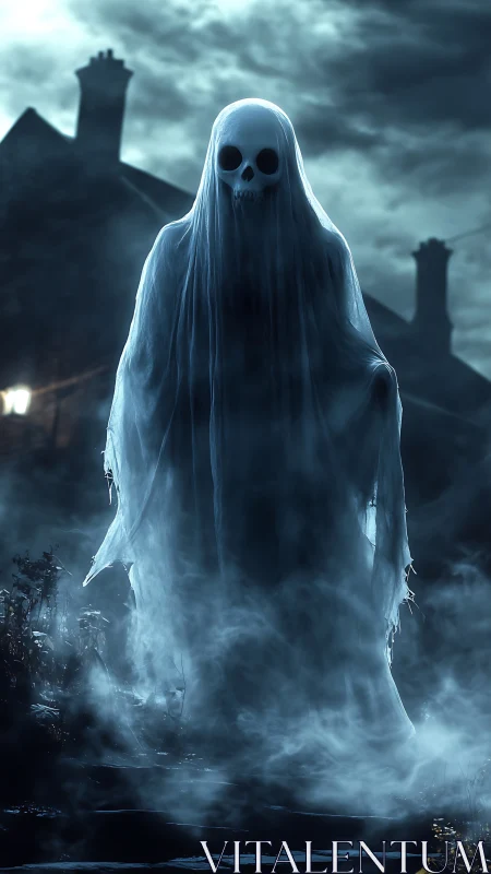 Midnight ghost drifts through fog outside a shadowy old house