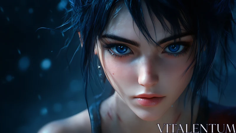 Blue-eyed warrior girl in intense digital portrait closeup.