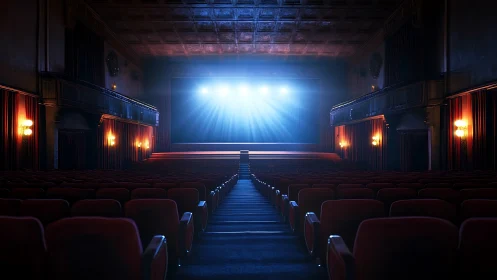 Ornate theater interior with dramatic blue stage lights aglow.