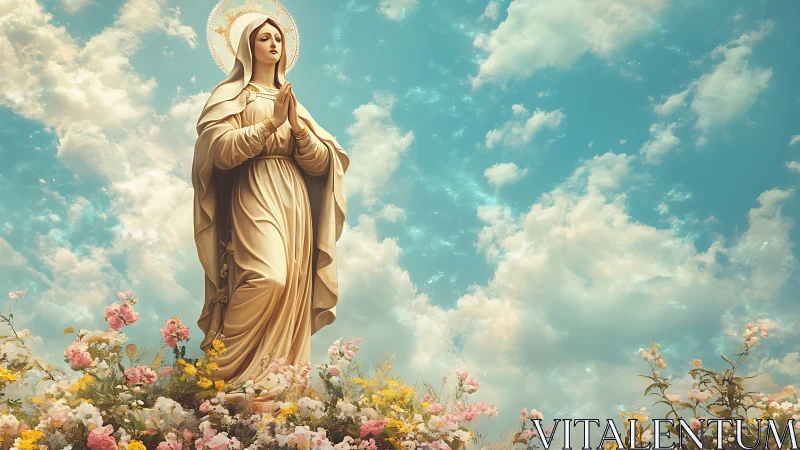 Marian statue rises above floral foreground under luminous sky