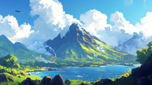 Volcanic peak above coastal lake in lush digital landscape.