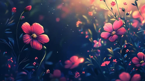 Pink cosmos flowers bloom in deep blue night atmosphere with warm glow effects