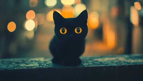 Black cat with amber eyes on surface against blurred lights.