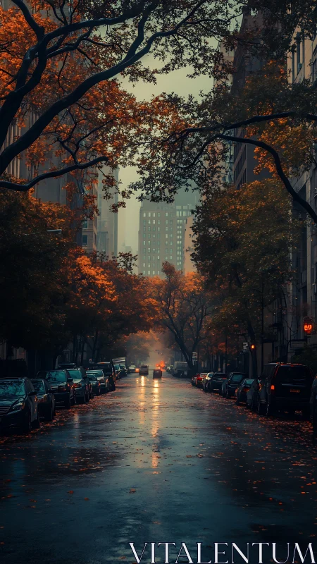 Urban street is framed by autumn trees after rainfall