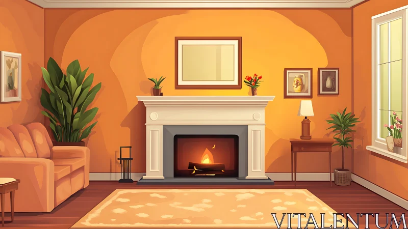Cozy orange living room glowing with a gentle fireplace welcome.
