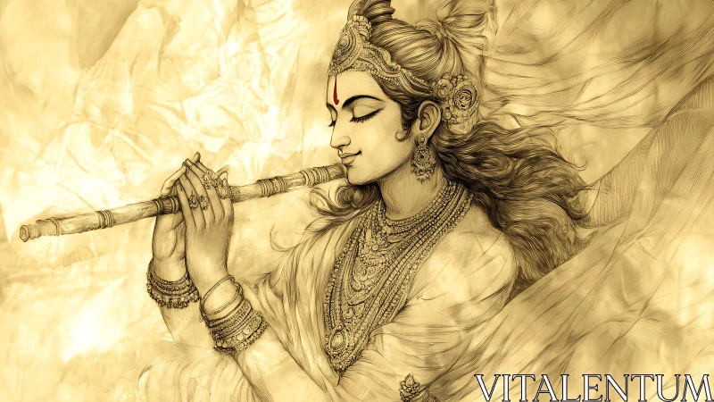 Divine flute player in flowing golden spiritual serenity