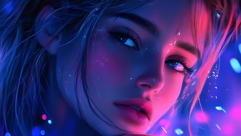 Neon-lit digital portrait of reflective young woman face.