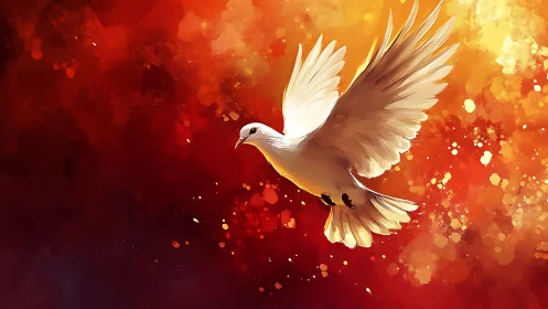 Gentle white dove soaring across a glowing sunset sky.