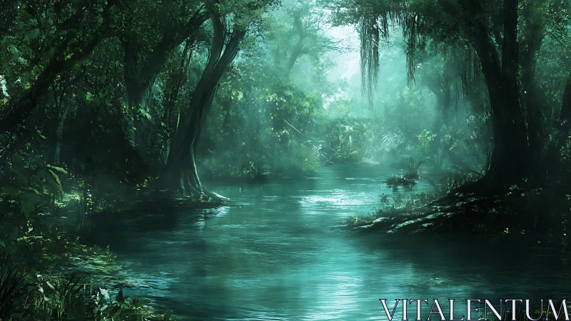 Ethereal Swamp Waterway Illuminated by Mystical Turquoise Light