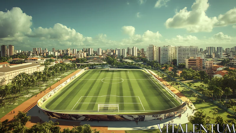 Panoramic urban football stadium with elevated landscaped track.