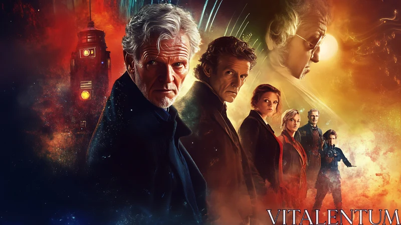 Mature spacefarers stand in fiery nebula with looming craft