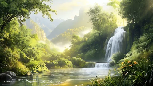 Sunlit waterfall sanctuary tucked into misty green mountains.