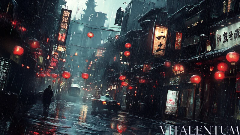 Rain falls on illuminated urban street lined with lanterns