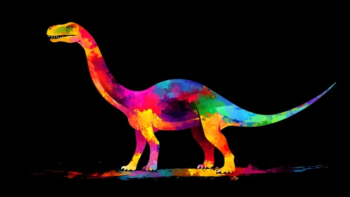Chromatic sauropod silhouette with splattered neon pigment layers