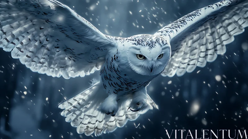 Majestic snowy owl in flight through winter forest, digital realism.