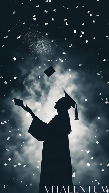 Silhouetted graduate in cap and gown framed by backlit confetti